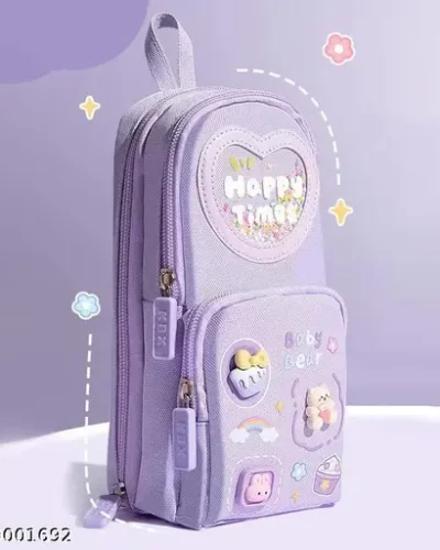 Pencil Case 3 Compartment Cute Pencil Case-Cute happy time pencil pouch (Heavy quality)