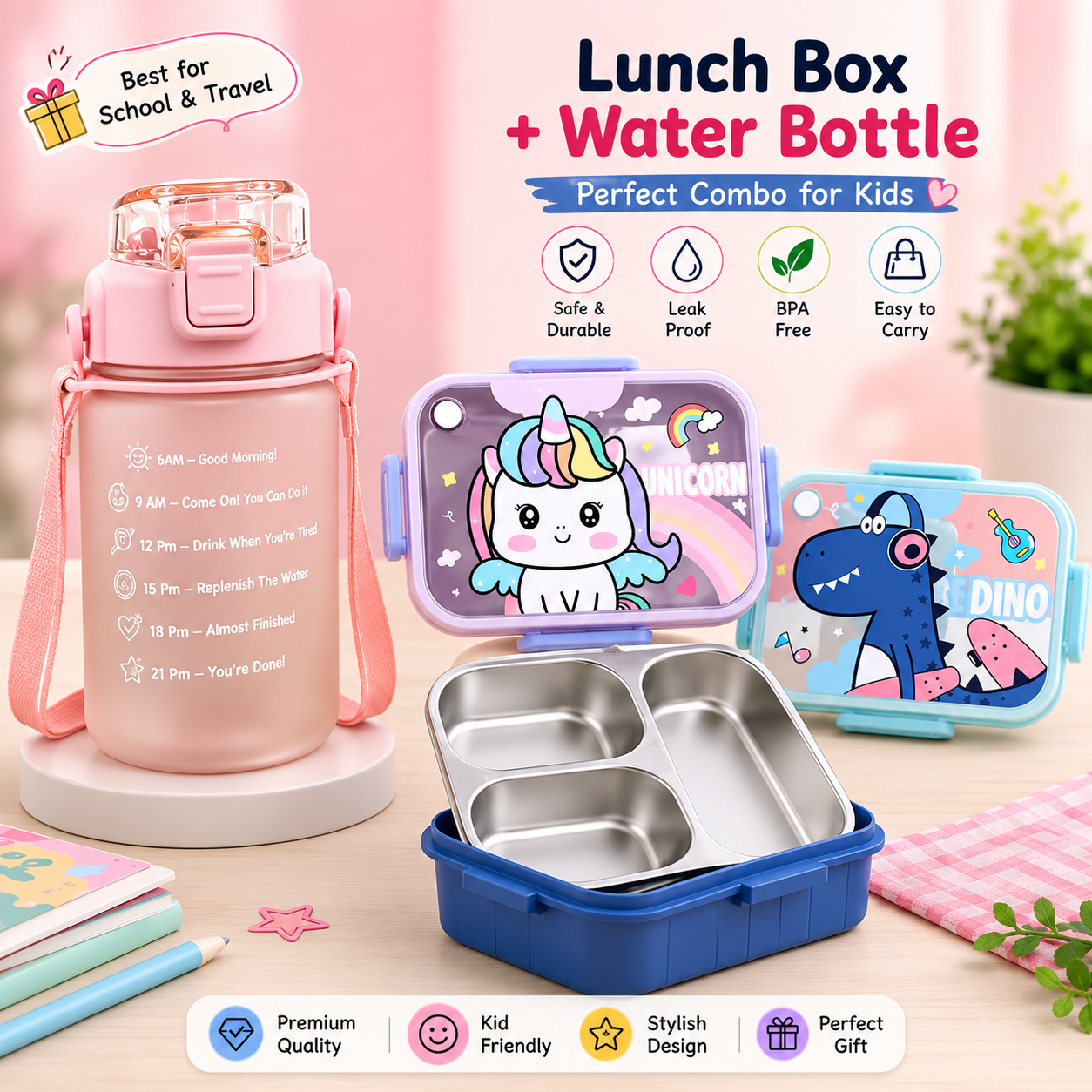 Combo of Stainless steel Lunch Box and Water bottle
