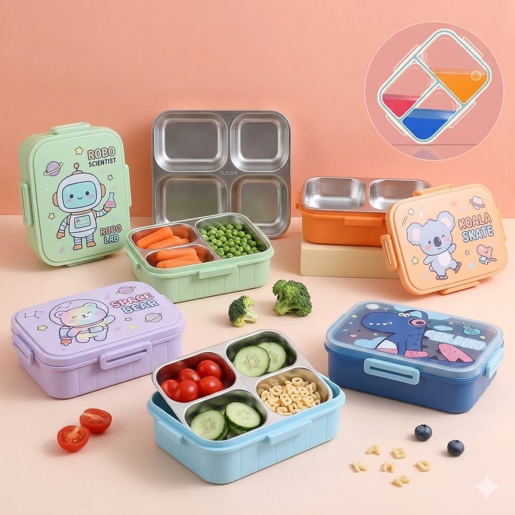 Three compartment steel lunch box For Girls and Boys